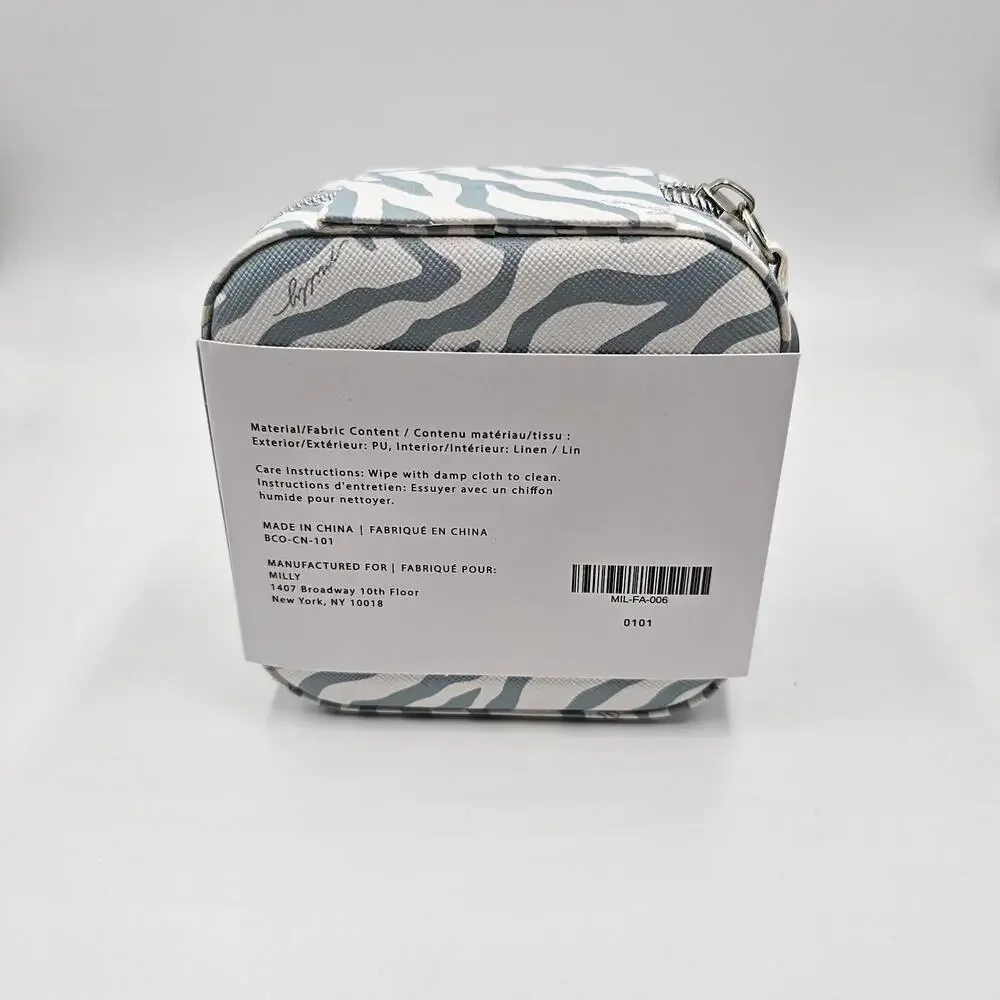 Milly Blue Zebra Print Traveling Jewelry Case Mini Square Zip‎ Organizer Mirror